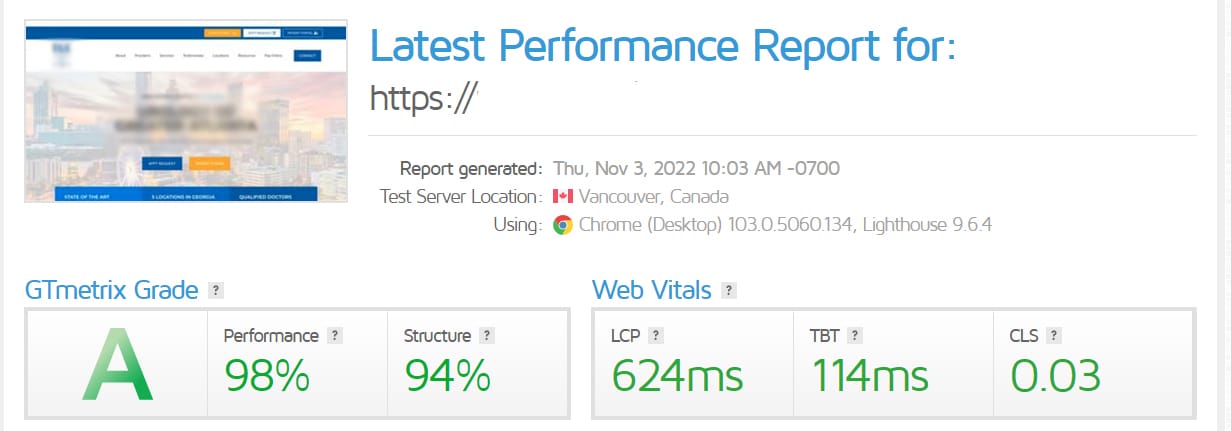 Speed results for medical website.