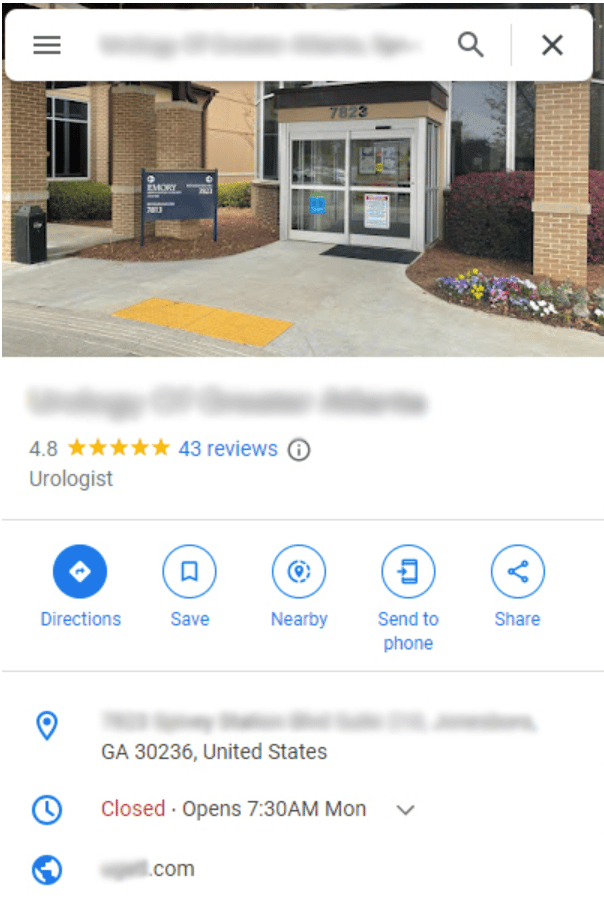 Overview of client's business on Google.